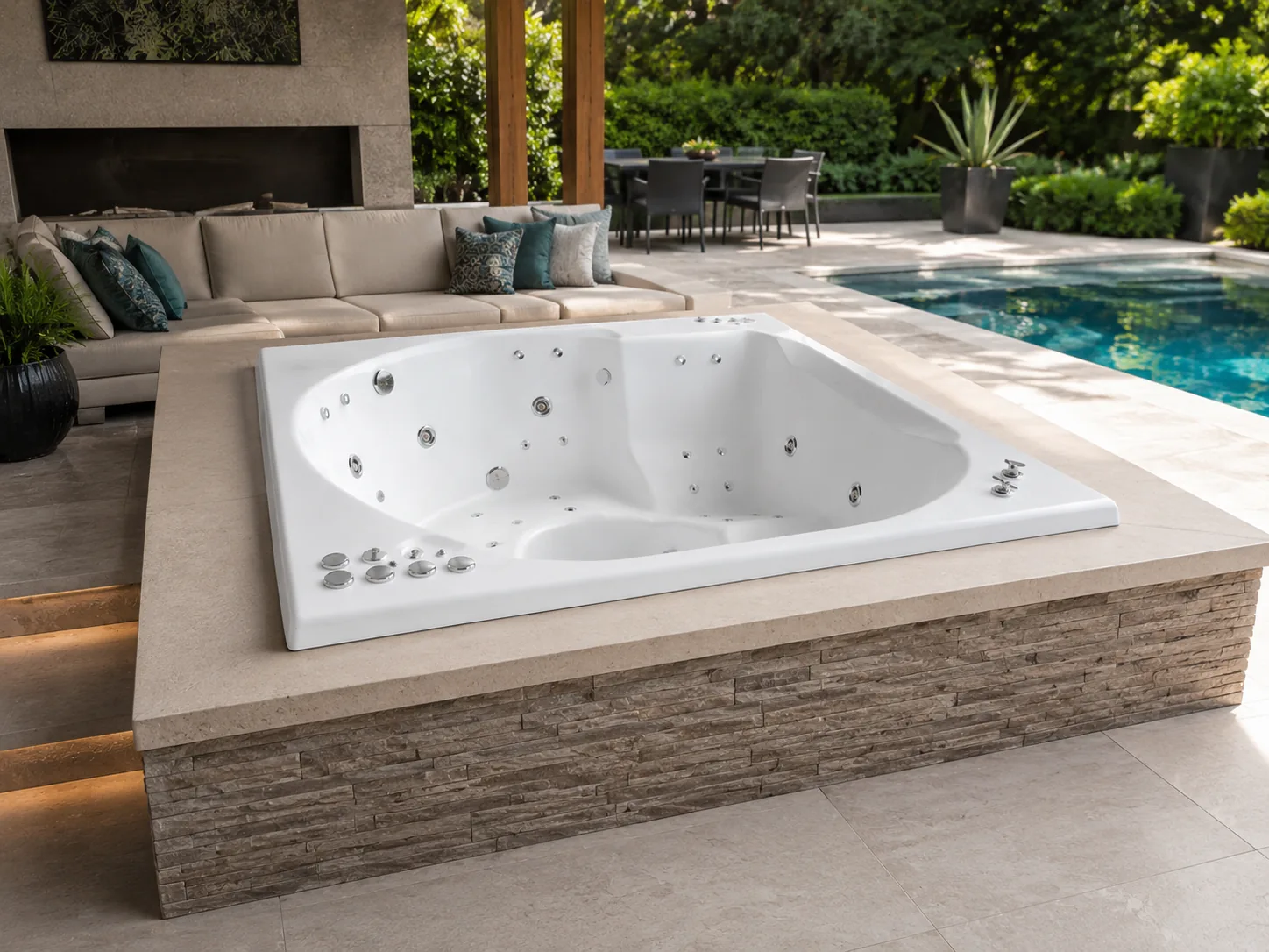 Spa de hidromasaje Carrara instalado en deck de madera